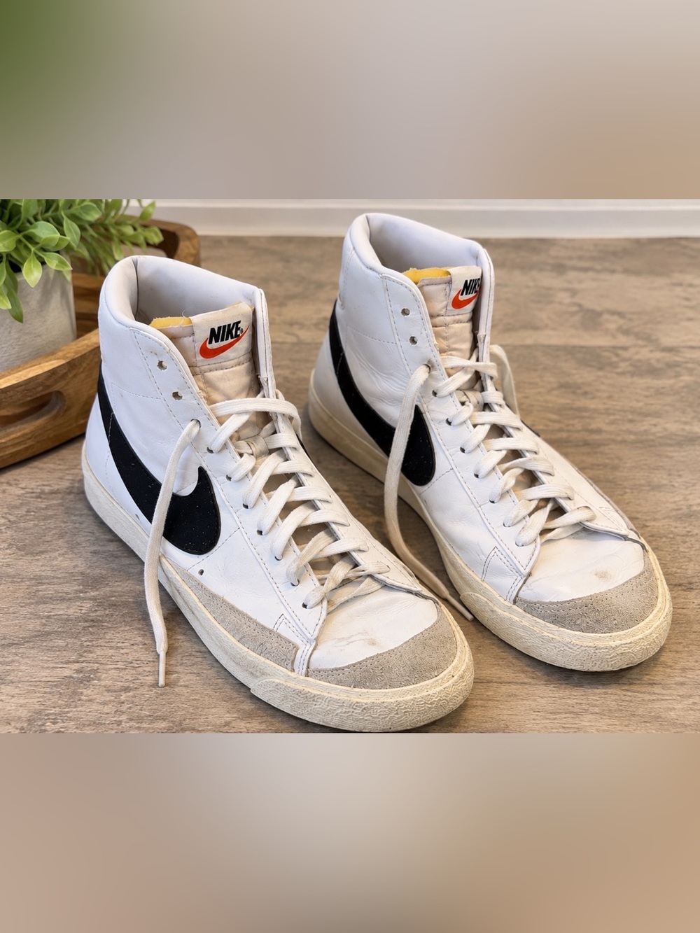 Nike Men’s White High-Top Sneakers with Black Swoosh and Suede Toe